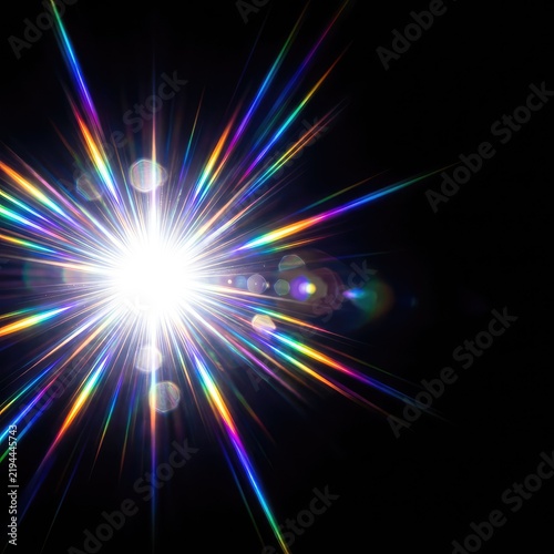 A bright white lens flare bursts forth on a pure black background, creating intense streaks of light, sunbursts, and radiant glares, contrast, brilliant, spot