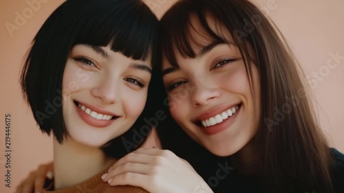 Two young women sharing a joyful moment and smiling at the camera showcasing their friendship and beauty in a soft, warm aesthetic. Generative AI