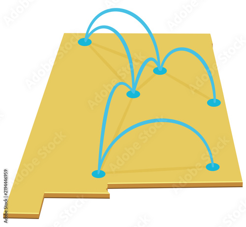 3D illustration symbolizing communications, transport routes, and regional network in New Mexico, featuring connected data links over the state territory map silhouette (cut out)