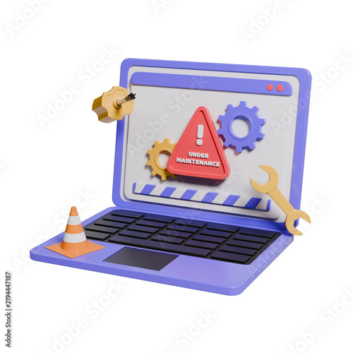Laptop with Under Maintenance Warning Sign, Gears, Cone, and Tools 3D Render Illustration