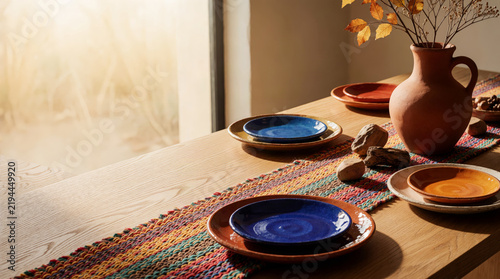 Handcrafted Mexican ceramics, natural wood, woven textiles and autumn foliage create a warm seasonal celebration setting