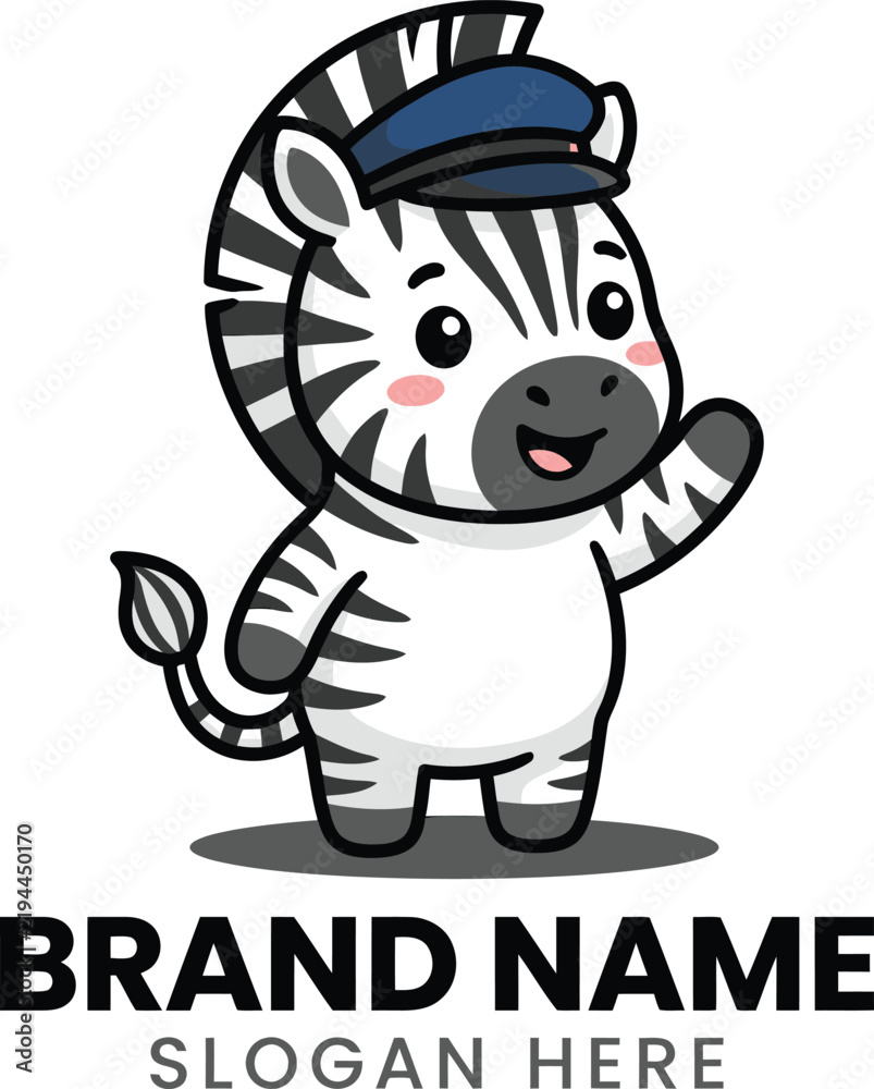 Obraz premium Cute Cartoon Zebra Mascot Wearing a Blue Sailor Cap Waving Hello Vector Illustration Isolated on a White Background