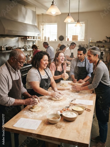 A diverse group of adults laughs while kneading dough and making fresh pasta together during a hands on cooking class in a kitchen.