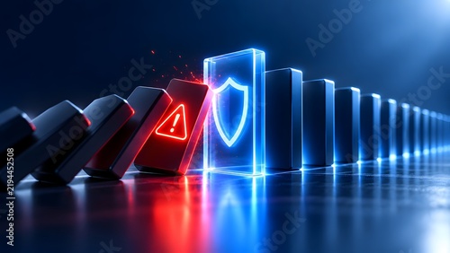 Falling dominoes with red alert symbols stopped by a glowing blue shield block representing proactive risk management and strong digital cybersecurity protection