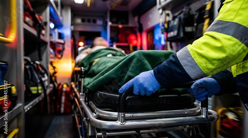 Paramedic in blue gloves pushing patient on stretcher inside ambulance with emergency lights
