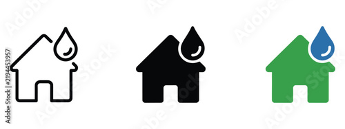 House hydration icon featuring blue water drop, plumbing issues, leakage detection, green home, and environmental water system design