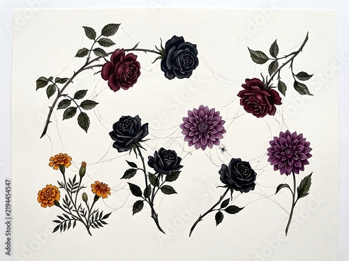 Watercolor painting of dark gothic roses and purple dahlia flowers connected by spiderwebs