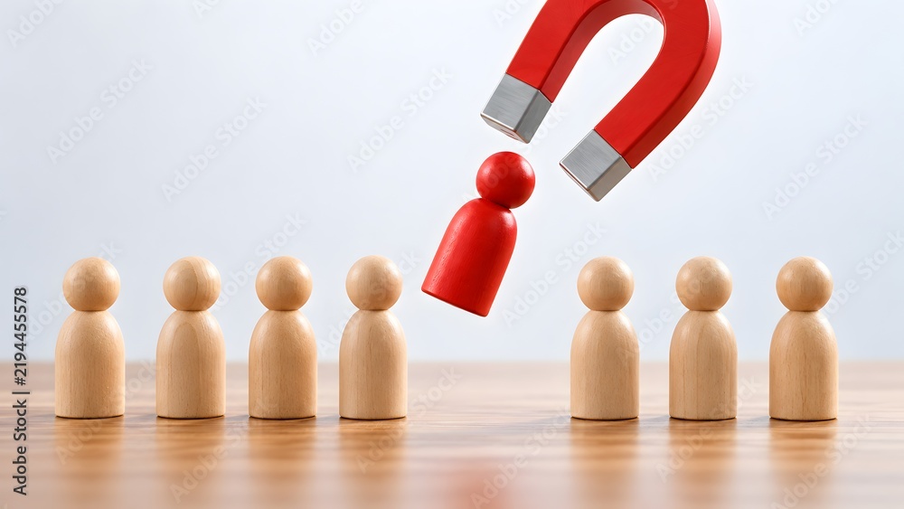 Obraz premium Large red magnet lifting distinct red wooden figure from row of plain pegs representing targeted talent acquisition candidate selection and employee recognition