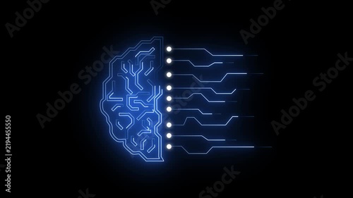 Brain animation integrates digital circuitry and data connections. Artificial intelligence machine learning guides the brain animation. Neural computing processor hardware drives this active brain.