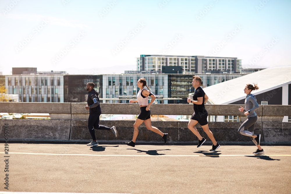Fototapeta premium Running, group and exercise outdoor with sports, wellness and endurance training for marathon. Runner, people and club with fitness for race preparation, cardio activity and health in urban space
