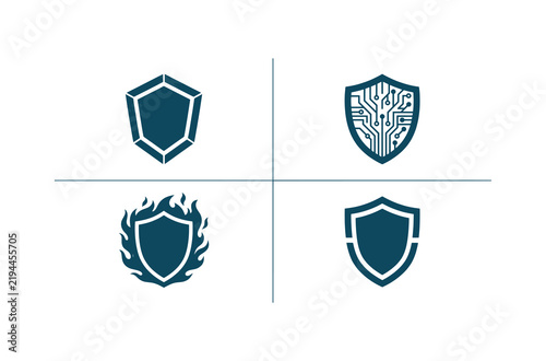 Set of four modern blue security shield icons, tech firewall, and flame symbols for cyber defense