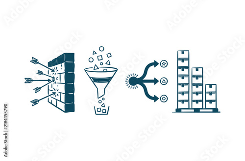 Business process workflow icons showing strategy, filtering, routing and organized inventory storage