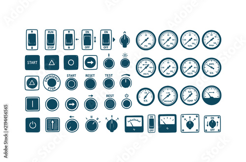 Industrial control panel elements vector collection with buttons, knobs, switches and gauges