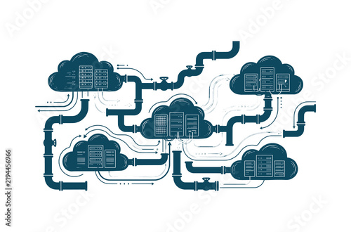 Cloud computing infrastructure network diagram with servers and data pipeline vector illustration