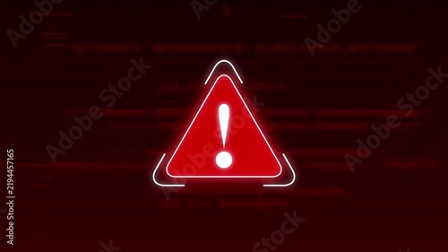 Alert triangle animation glitches with warning text on black. Urgent cybersecurity danger notices trigger on alert triangle. Critical system failure notifications flash alert triangle.