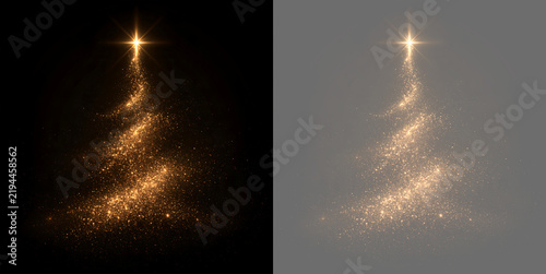 Golden sparkling Christmas tree light effect with star. Magic glowing dust trail on black and transparent background. Holiday vector illustration