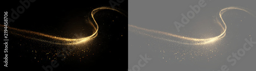 Golden sparkling light trail with glitter particles. Flowing wave effect on black and transparent background