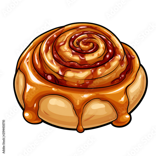 Delicious cinnamon roll with caramel icing dripping down the sides