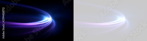 Curved neon light trail in blue and purple. Abstract glowing swoosh vector element. Transparent and black background options