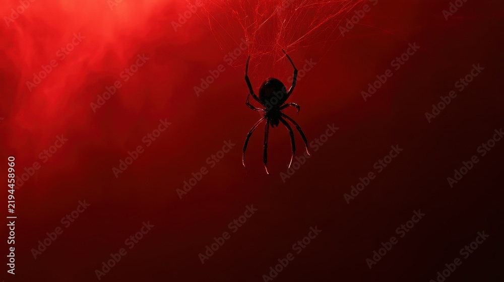 Obraz premium Close-up silhouette of spider hanging on web thread against deep red gradient background with dramatic lighting and shadow
