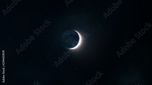 New moon in the starry night sky. Beautiful moonlight in the evening. Moon on the dark background. 