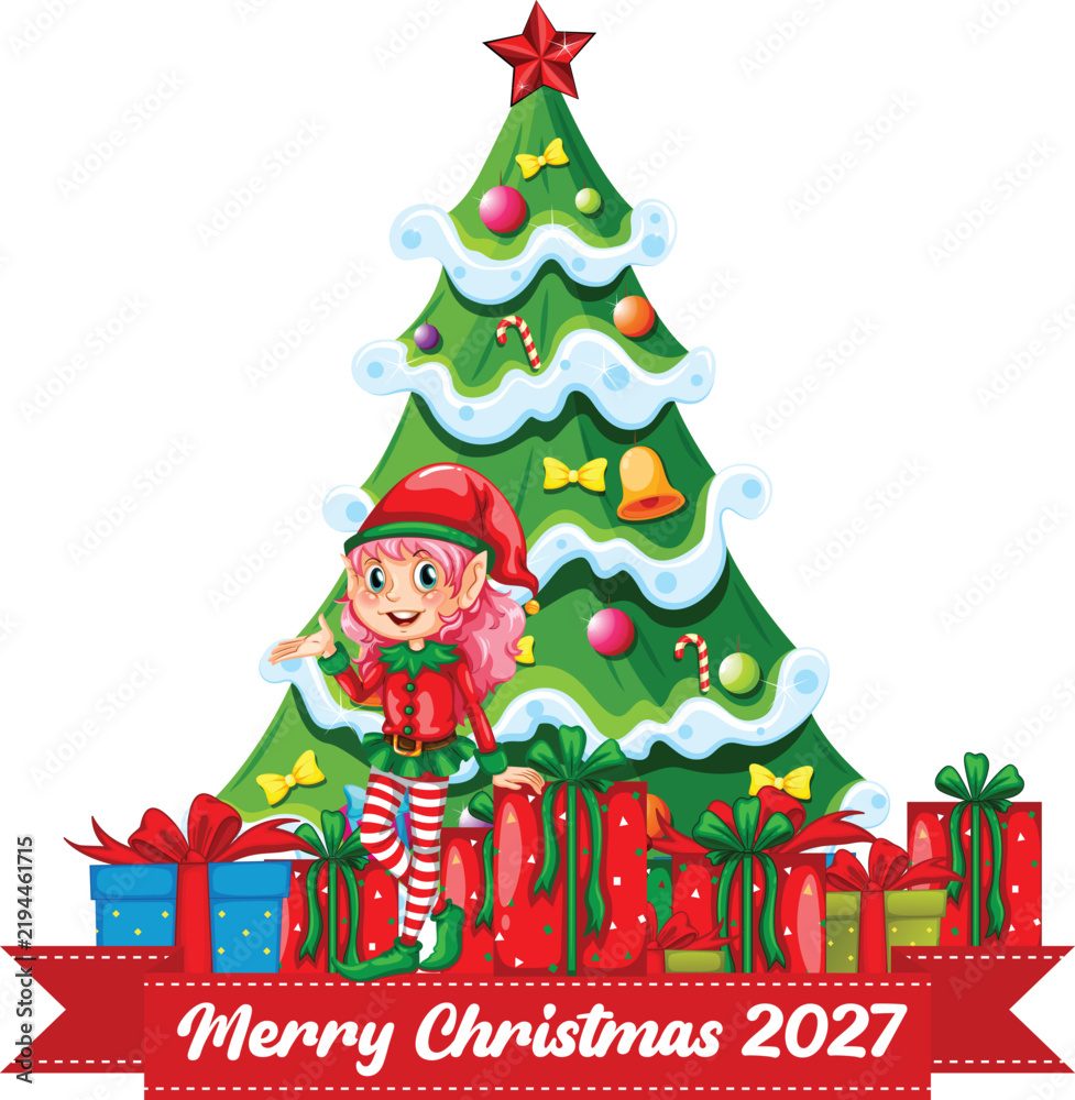 Naklejka premium Christmas Tree with Gifts and Festive Ornaments Holiday Card Vector Illustration for Xmas Celebration, Winter Greeting, New Year and Seasonal Decoration Design