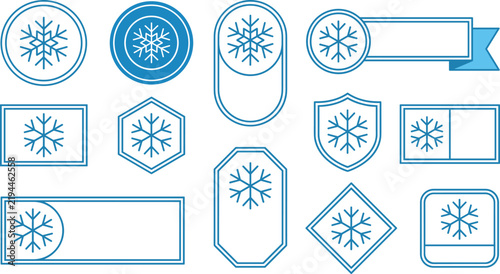 Snowflake Label Outline Badge Set with Winter Season Geometric Frames and Blue Thin Line Freeze Emblems