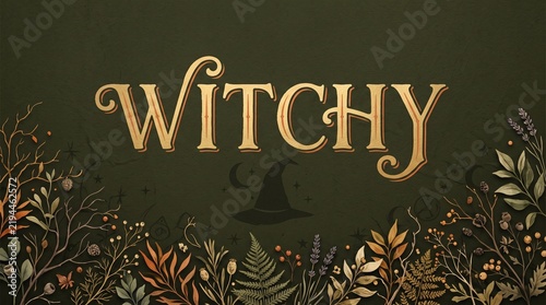 Witchy typographic design with vintage text, floral foliage, and a witch hat silhouette for seasonal magic