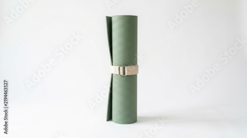 Rolled yoga mat standing upright on a plain background with copy space