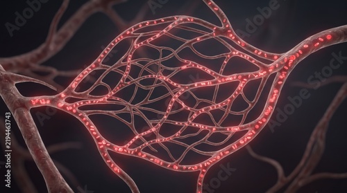 Microscopic Blood Capillary Network with Glowing Red Blood Cells