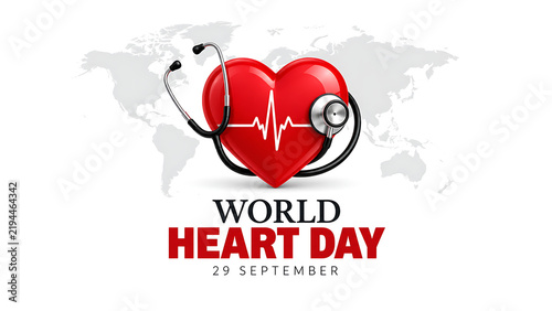 World heart day concept with red heart shape, stethoscope and heartbeat line on a world map background, world heart day 2026, heart day 2026, heart day
