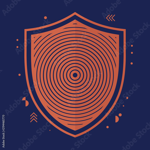Minimalist shield icon with concentric circles, geometric security emblem in copper and navy blue, modern protection symbol for cybersecurity