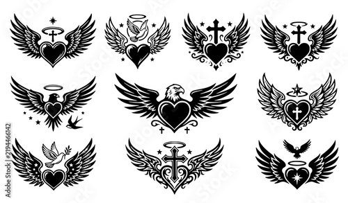 Black and white sacred heart tattoo vector set with feathers, wings, halo, and religious cross symbols.