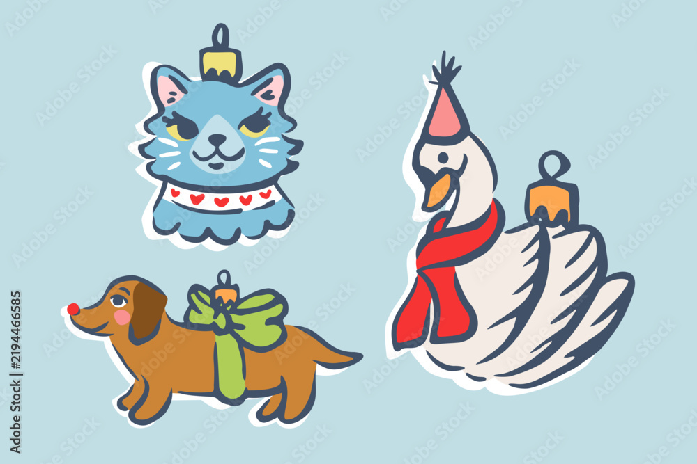 Obraz premium Set of cute retro Christmas tree ornaments. Hand drawn vector illustration. Funny glass baubles isolated. Naive holiday childish design. Elements for kids poster, xmas card, social media banner.
