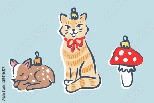 Set of cute retro Christmas tree ornaments. Hand drawn vector illustration. Funny glass baubles isolated. Naive holiday childish design. Elements for kids poster, xmas card, social media banner.