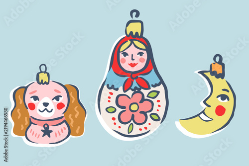 Set of cute retro Christmas tree ornaments. Hand drawn vector illustration. Funny glass baubles isolated. Naive holiday childish design. Elements for kids poster, xmas card, social media banner.