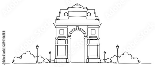 Obraz na plátně India Gate monument landmark with street lamps in continuous line art style
