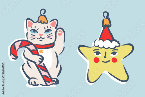 Set of cute retro Christmas tree ornaments. Hand drawn vector illustration. Funny glass baubles isolated. Naive holiday childish design. Elements for kids poster, xmas card, social media banner.