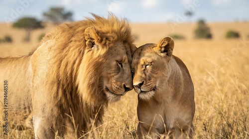 Male lion and lioness nuzzling affectionately in the golden African savanna grass