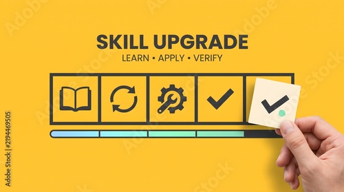 Plakat Skill upgrade and learning process concept photo. Hand placing checkmark note on progress tracker. Professional career development and training program