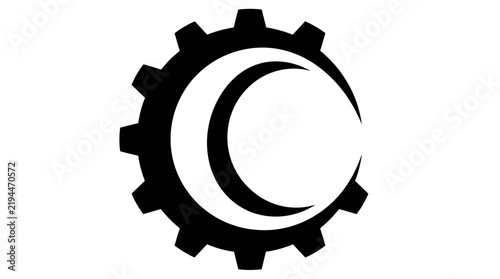 Industrial gear crescent moon logo, mechanical cog wheel icon, black vector sign
