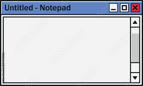 Blank text editor notepad software application interface window, retro y2k computer aesthetic desktop interface element, nostalgic 90s digital ui graphic vector.