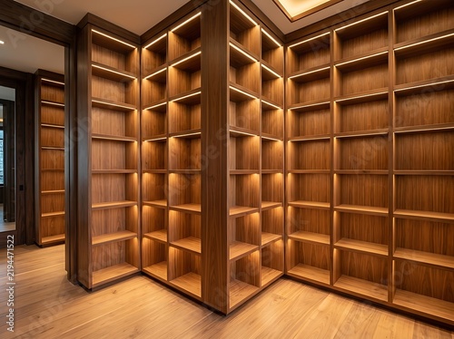Modern luxury walk in closet interior with empty wooden shelves and warm integrated led lighting
