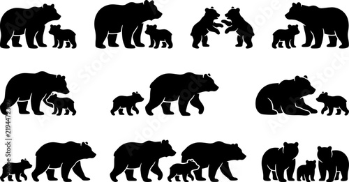 Set of black bear silhouettes showing mother bears with their cubs in various poses and walking positions