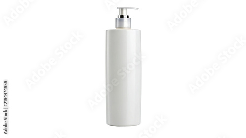 Blank white plastic cosmetic dispenser pump bottle packaging isolated on transparent background.