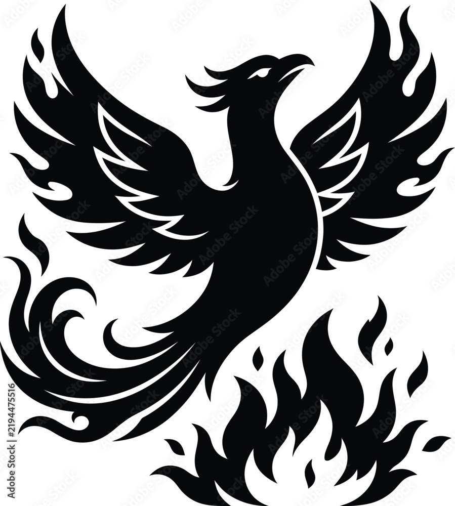 Fototapeta premium Phoenix Bird Rising Silhouette – Mythological Firebird Rebirth & Flame Icon, Black Cutout Legendary Flying Bird Vector, Isolated on White