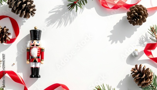 Christmas flat lay banner with red nutcracker soldier toy, pine cones, fir branches, red berries and satin ribbon on white background with copy space