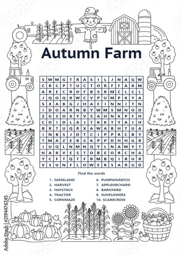 Word search puzzle with autumn farm theme and illustrations  