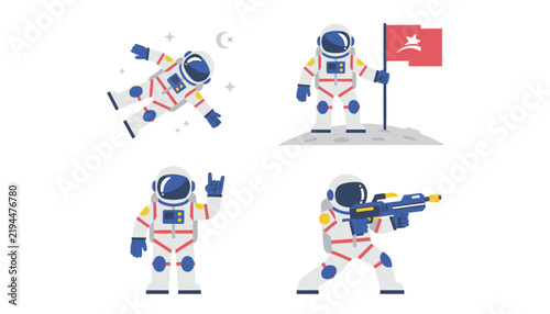 Pixel art style illustrations of cute astronauts in spacesuits posing, floating, holding a flag, and aiming a laser gun.