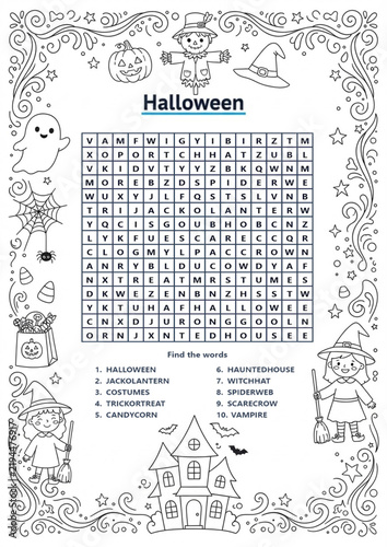 Halloween word search puzzle with themed illustrations and clues  